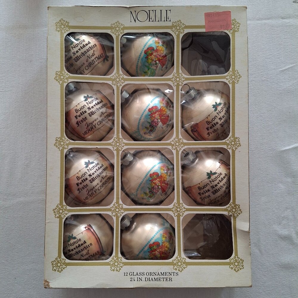 Ten Vintage Noelle Glass Christmas Tree Ornaments Polly Pals Drummer Boy w/ Box